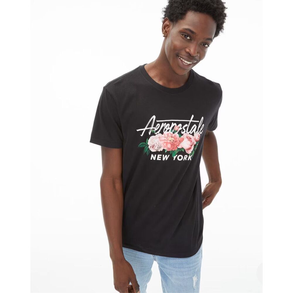 Aeropostale Men’s women’s Unisex Script Floral Graphic Black Slim Fit T Shirt L